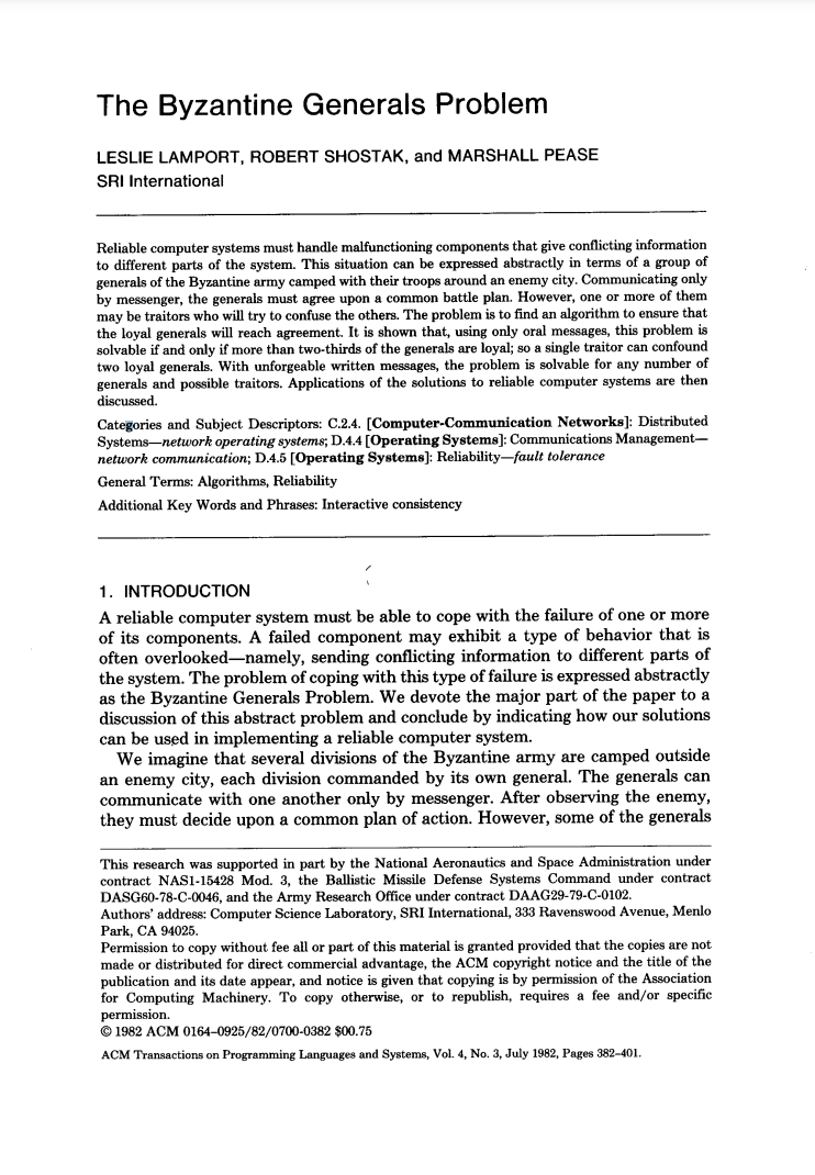 [The Byzantine Generals Problem](https://lamport.azurewebsites.net/pubs/byz.pdf)
