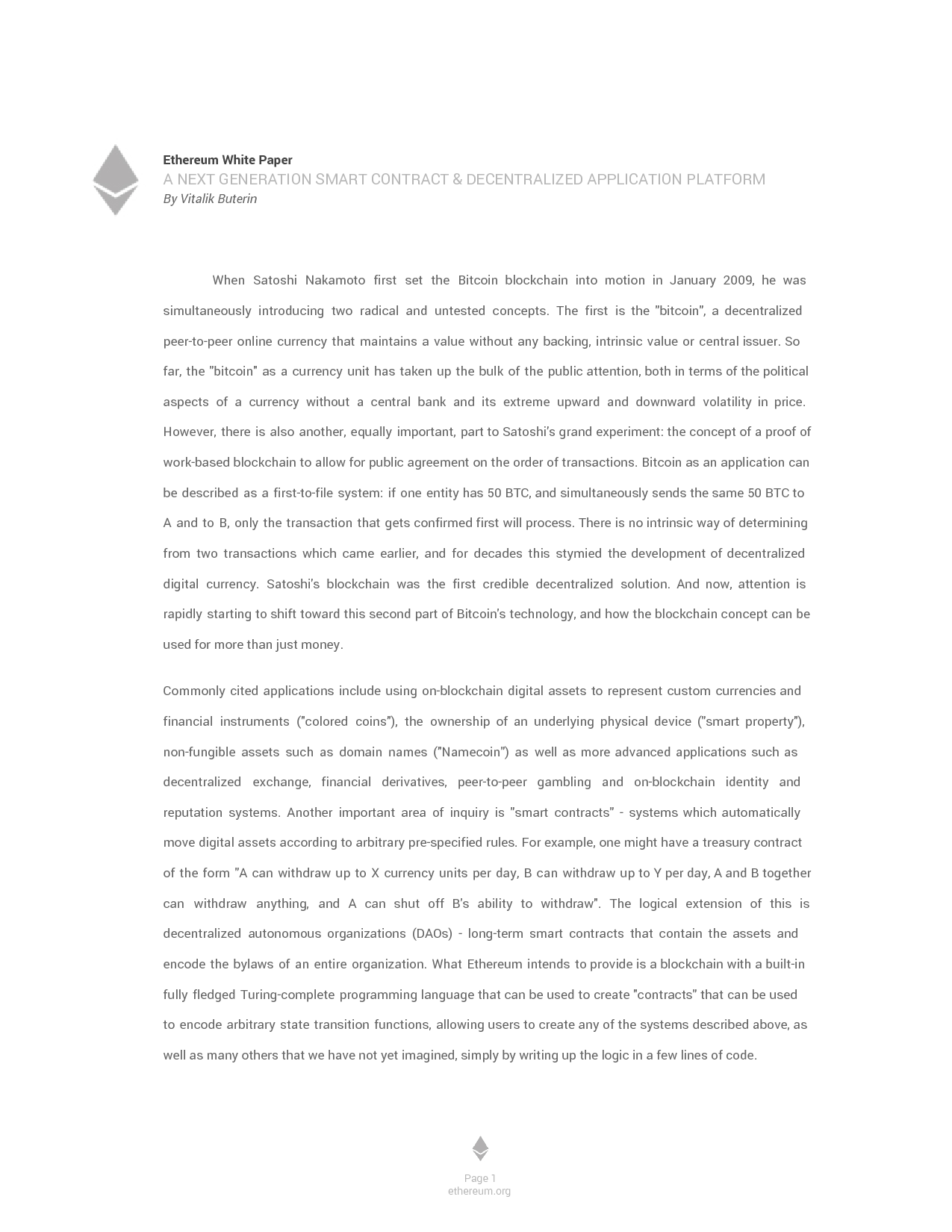 [Ethereum: A Next Generation Smart Contract & Decentralized Application Platform](https://ethereum.org/en/whitepaper/)