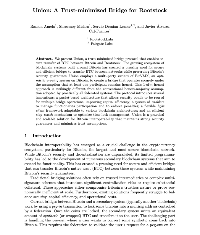 [Union: A Trust-minimized Bridge for Rootstock](https://arxiv.org/pdf/2501.07435)